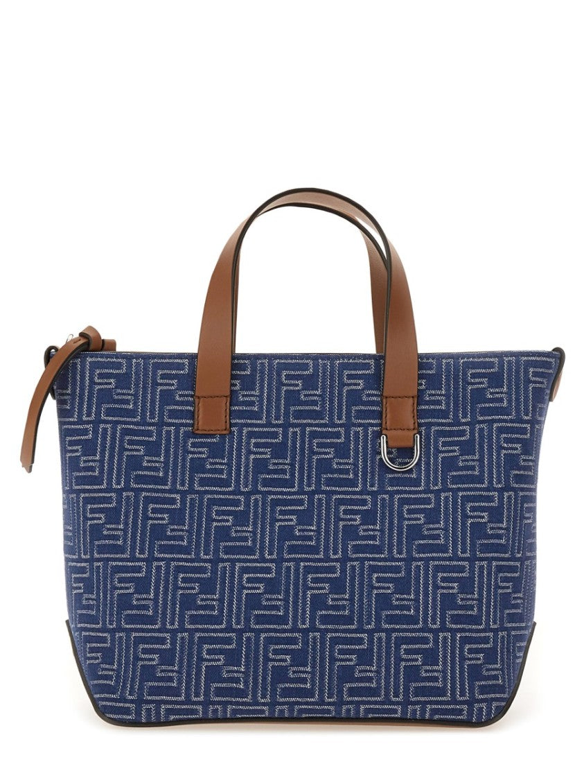 Fendi Structured Cotton Ff Shopping Bag With Leather Accents