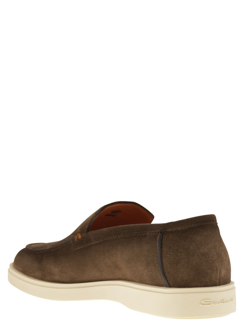 Santoni Brown Suede Moccasin With Orange Detailing
