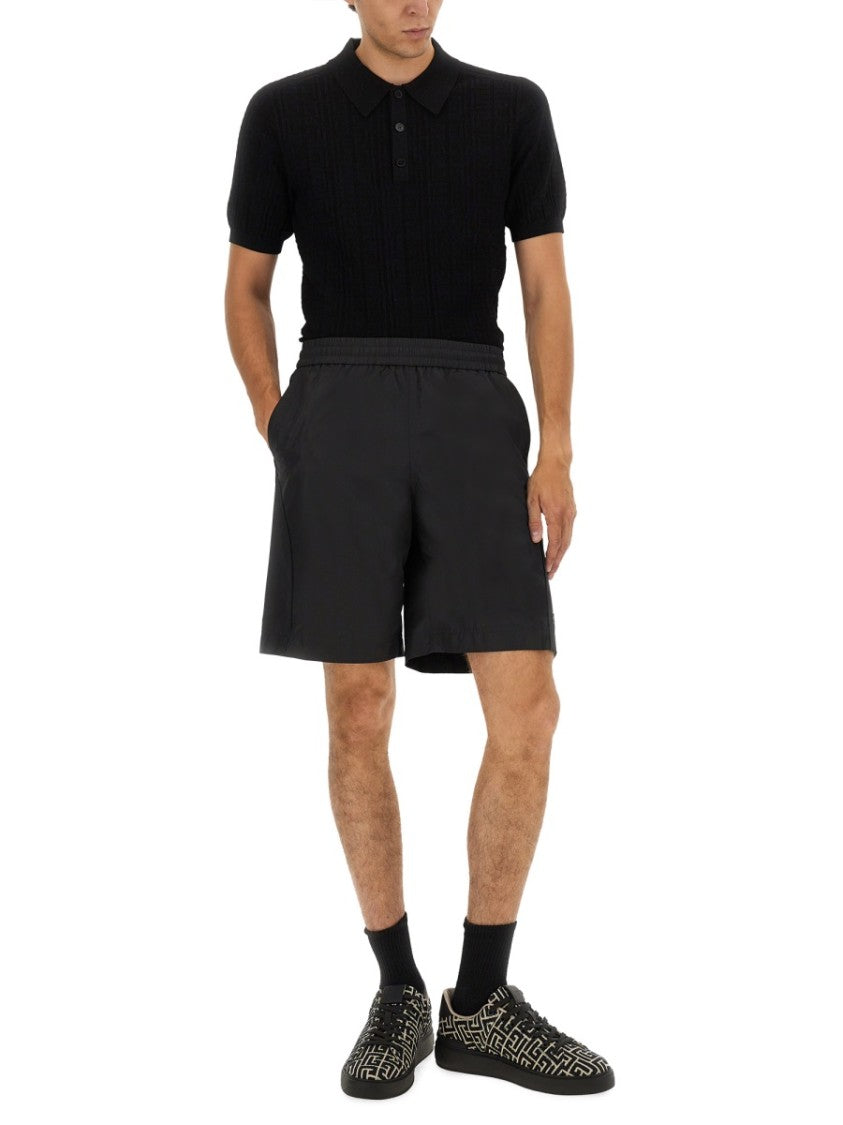 Balmain Textured Black Knitted Polo With Classic Collar