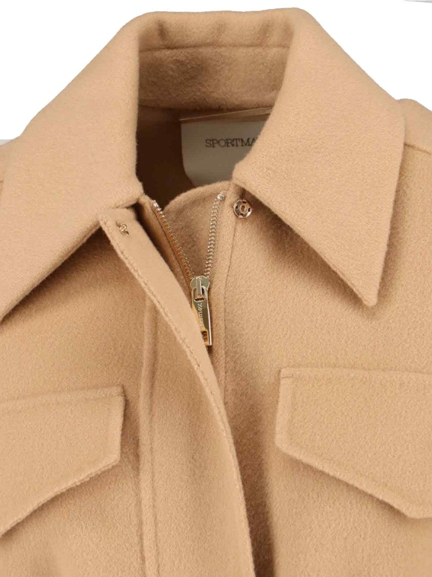 Sportmax Brown Draped Wool Caban With Hidden Zip Closure And Leather Belt