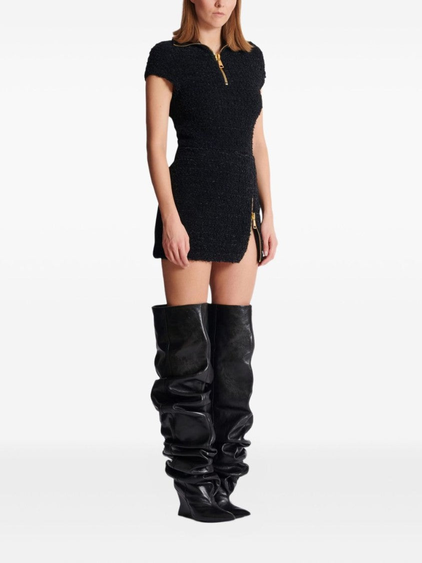 Balmain Textured Black Mini Skirt With Gold Zipper Detail