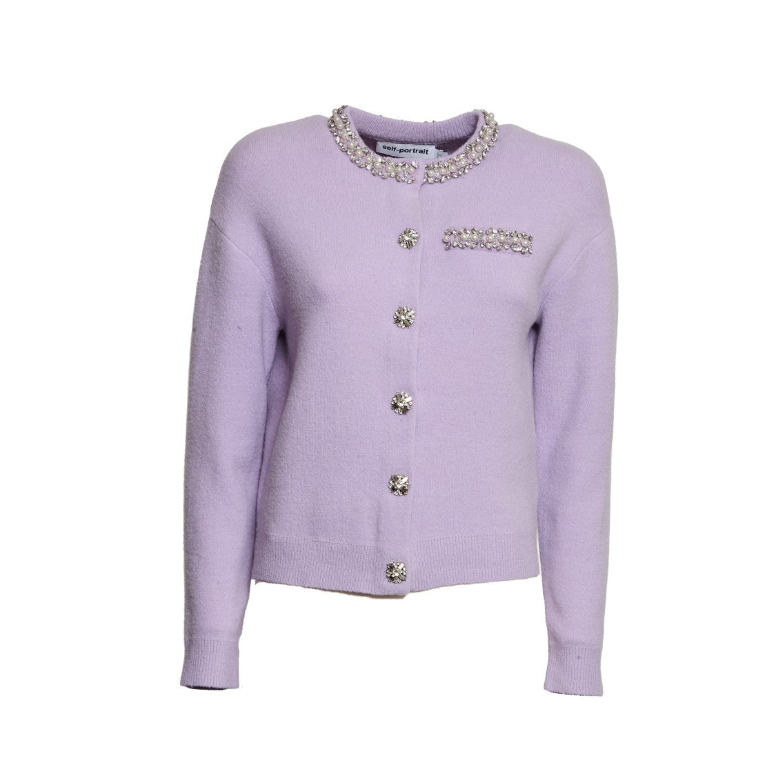Self-Portrait Crystal-Embellished Lilac Cardigan With Decorative Pocket