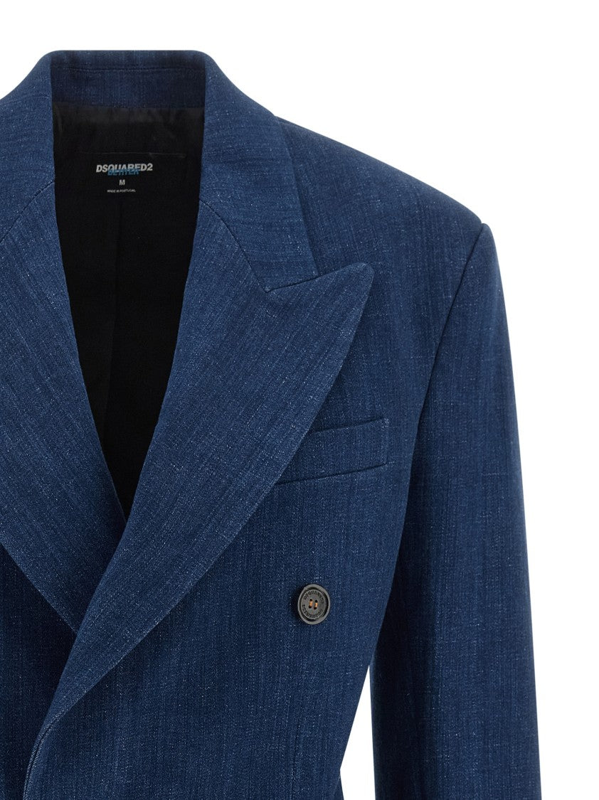 Dsquared2 Hourglass Double-Breasted Denim Blazer With Monogram Canvas Lining