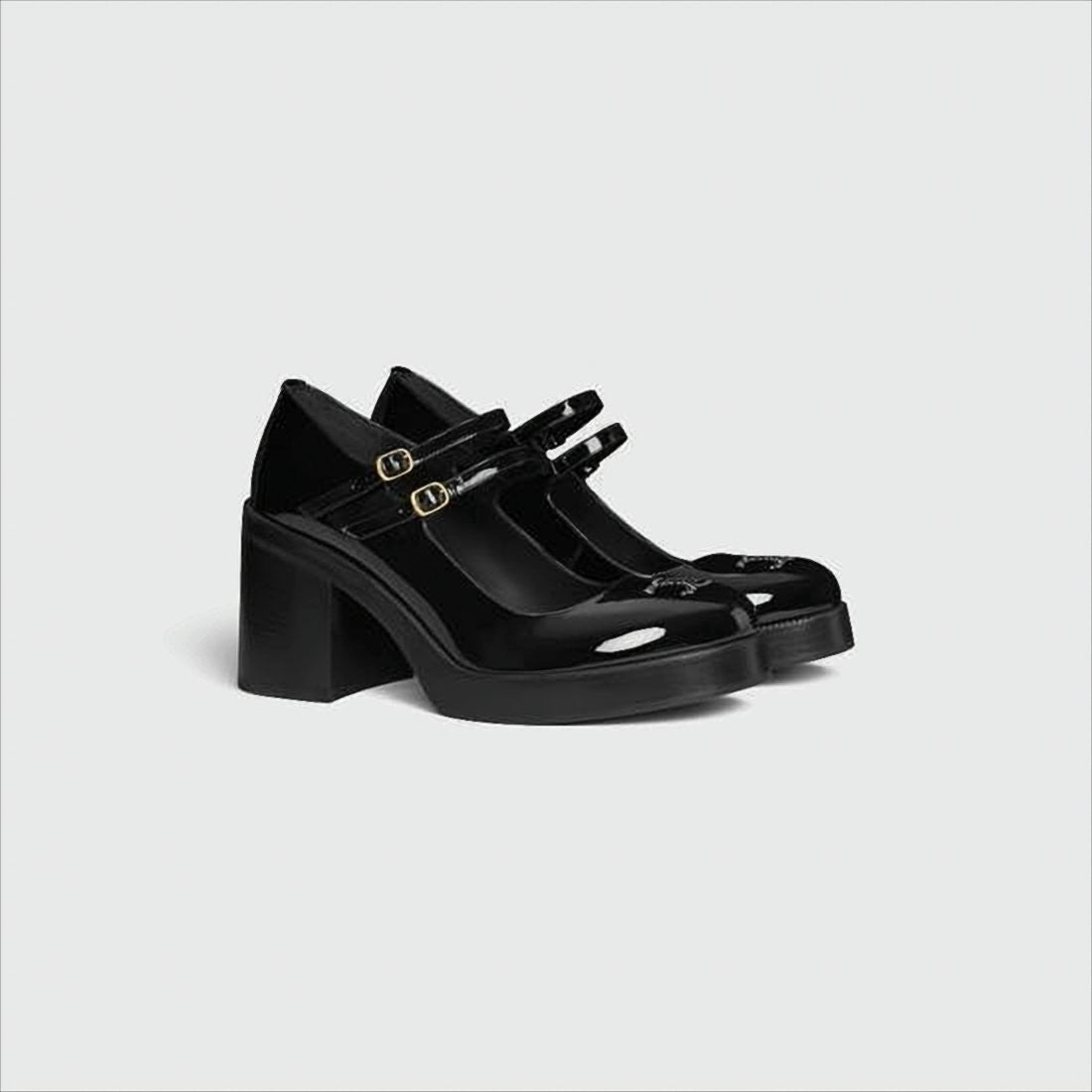 Celine Glossy Black Patent Leather Pumps With Block Heel