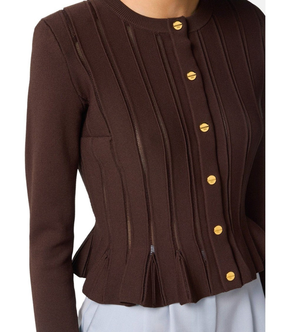 Elisabetta Franchi Peplum Hem Cardigan With Gold Logo Buttons And Sheer Panels