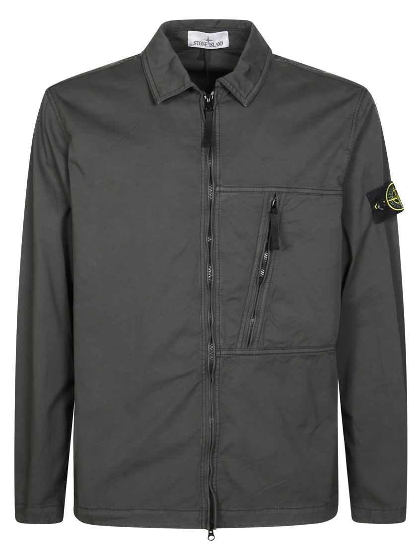 Stone Island Structured Collar Grey Overshirt With Zippered Chest Pocket