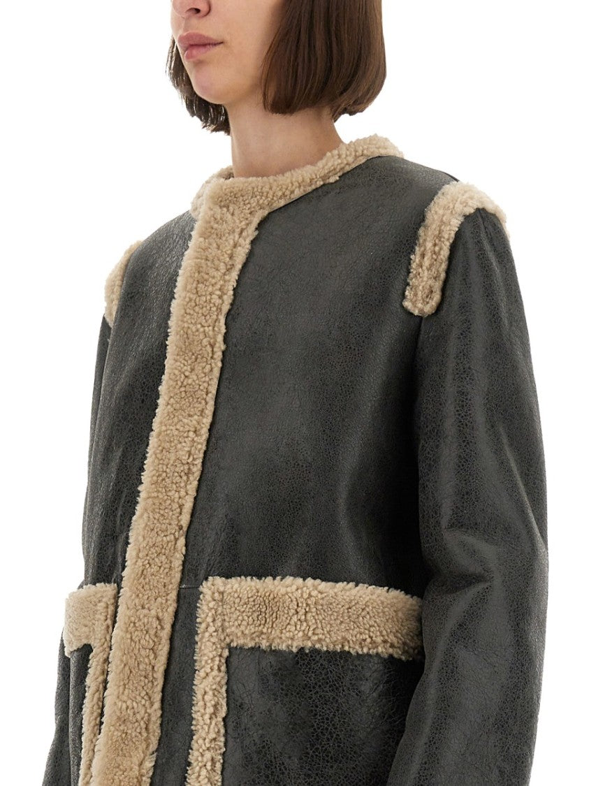 Mm6 By Maison Margiela Textured Black Shearling Jacket With Plush Trim