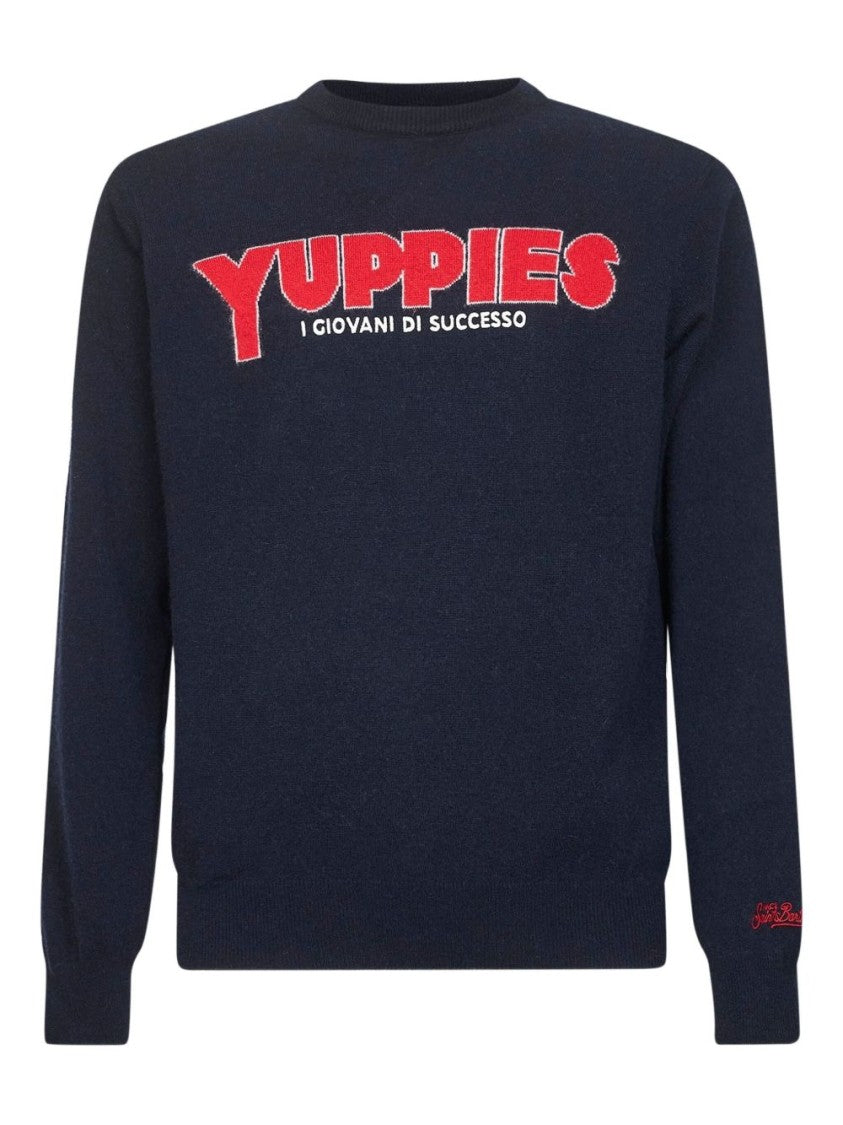 Mc2 Saint Barth Deep Navy Crew Neck Sweater With Bold Lettering