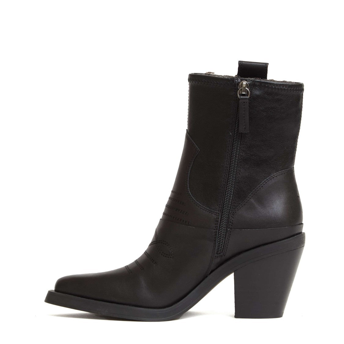 Ash Smooth Black Leather Ankle Boots With Decorative Stitching