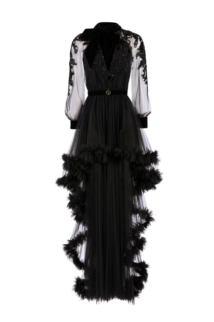 Saiid Kobeisy Embroidered Tulle Dress With Ruffles