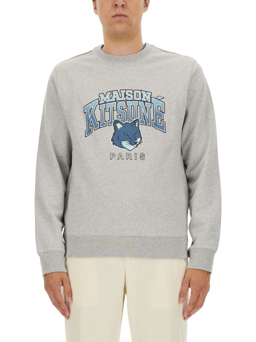 Maison Kitsuné Logo-Embellished Grey Sweatshirt With Classic Crew Neckline