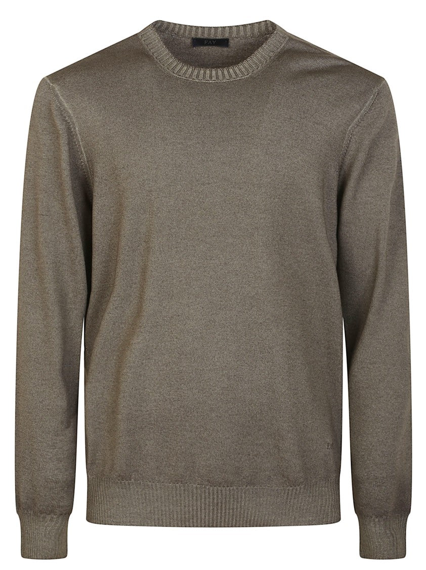 Fay Crew Neck Green Virgin Wool Sweater With Iconic Embroidery