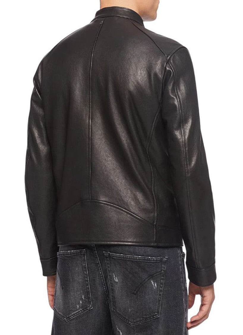 Dondup Smooth Black Leather Jacket With Stand Collar And Zippered Pockets