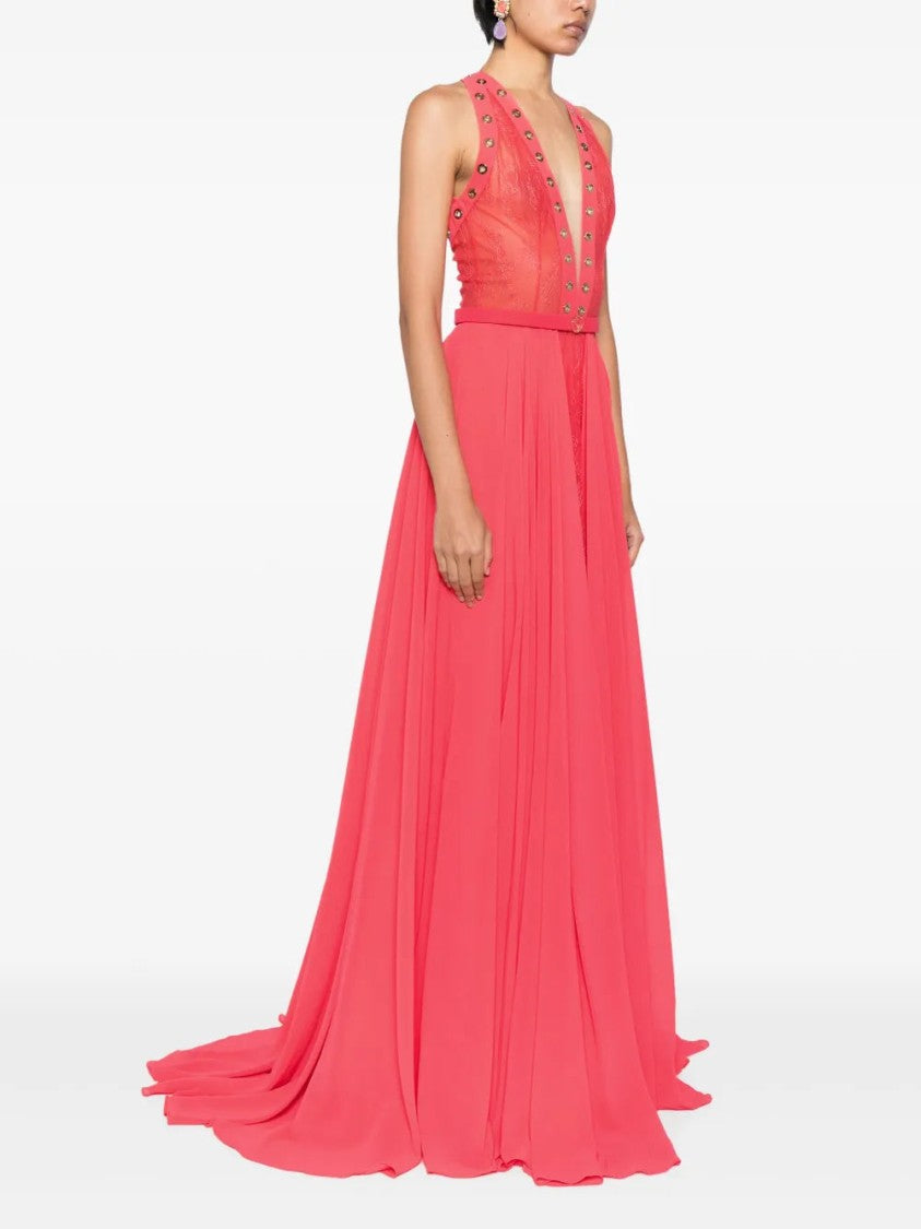 Saiid Kobeisy Red Eyelet Detail Full-Skirt Dress With Deep V-Neck