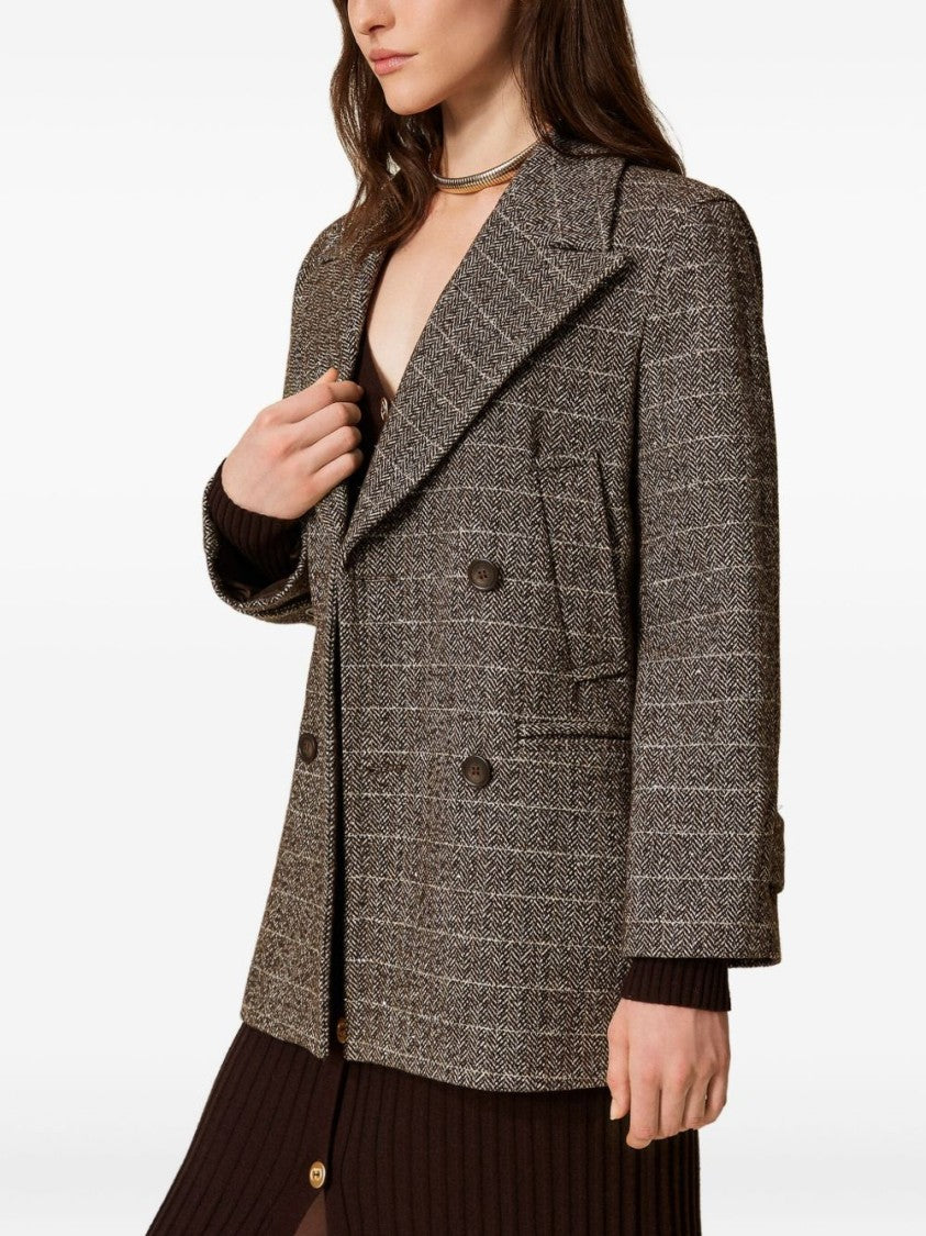Twin-Set Double-Breasted Checkered Coat With Notched Lapel