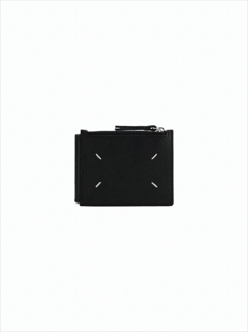 Maison Margiela Compact Black Leather Wallet With Zippered Compartment And Signature Stitched Detail