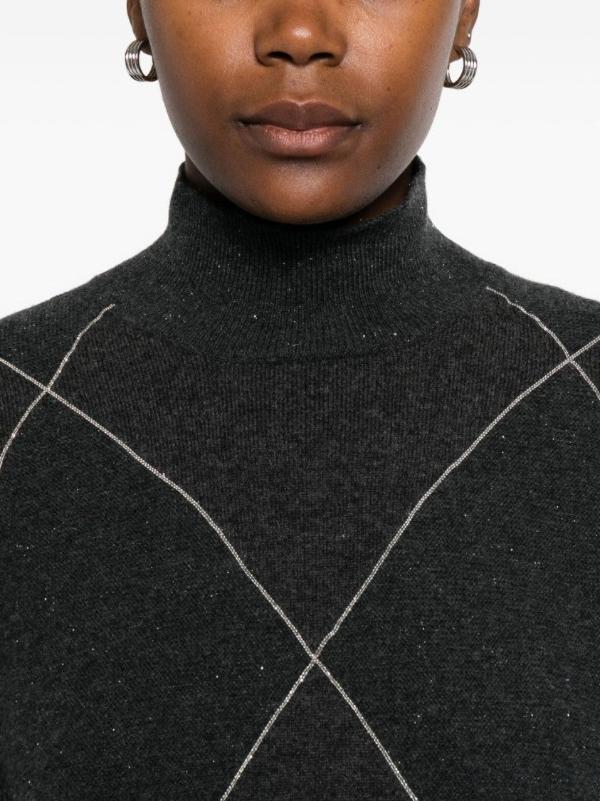 Peserico Diamond-Pattern Grey Sweater With High Neckline
