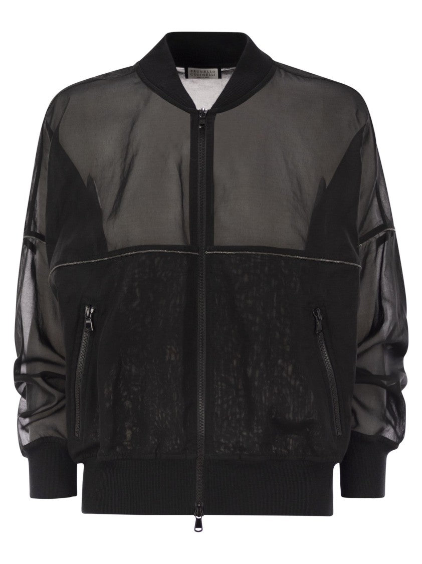 Brunello Cucinelli Cotton Organza Bomber Jacket With Shiny Trims
