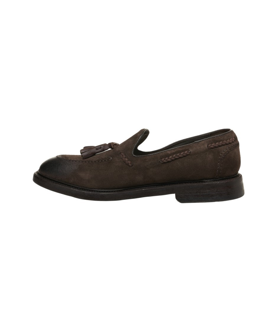 Green George Suede Loafers With Tassel Details And Intricate Stitching
