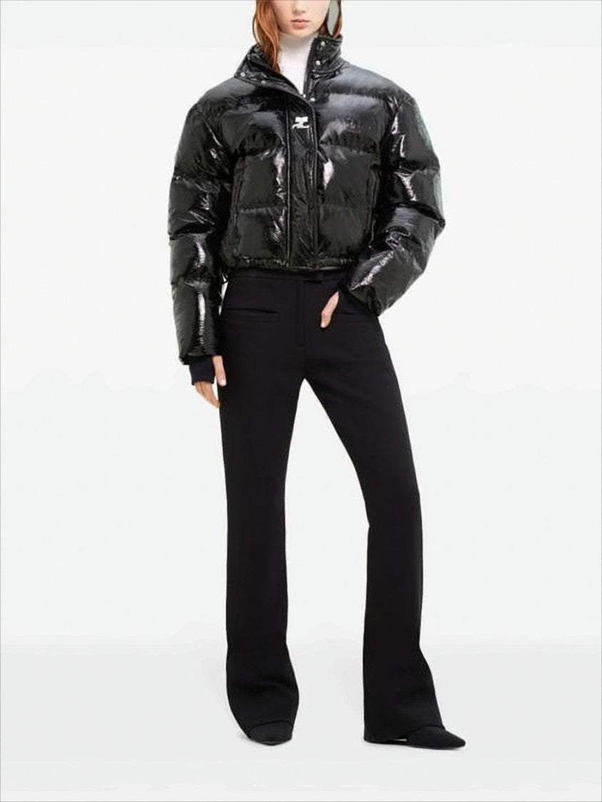 Courrèges Cropped Black Puffer Jacket With Glossy Finish And Adjustable Hem