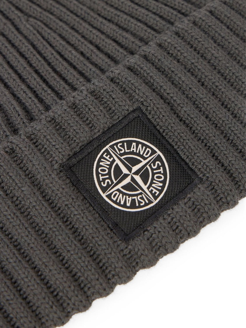 Stone Island Ribbed Knit Beanie With Folded Cuff And Logo Patch