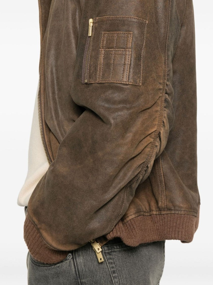 Golden Goose Distressed Brown Padded Leather Bomber Jacket