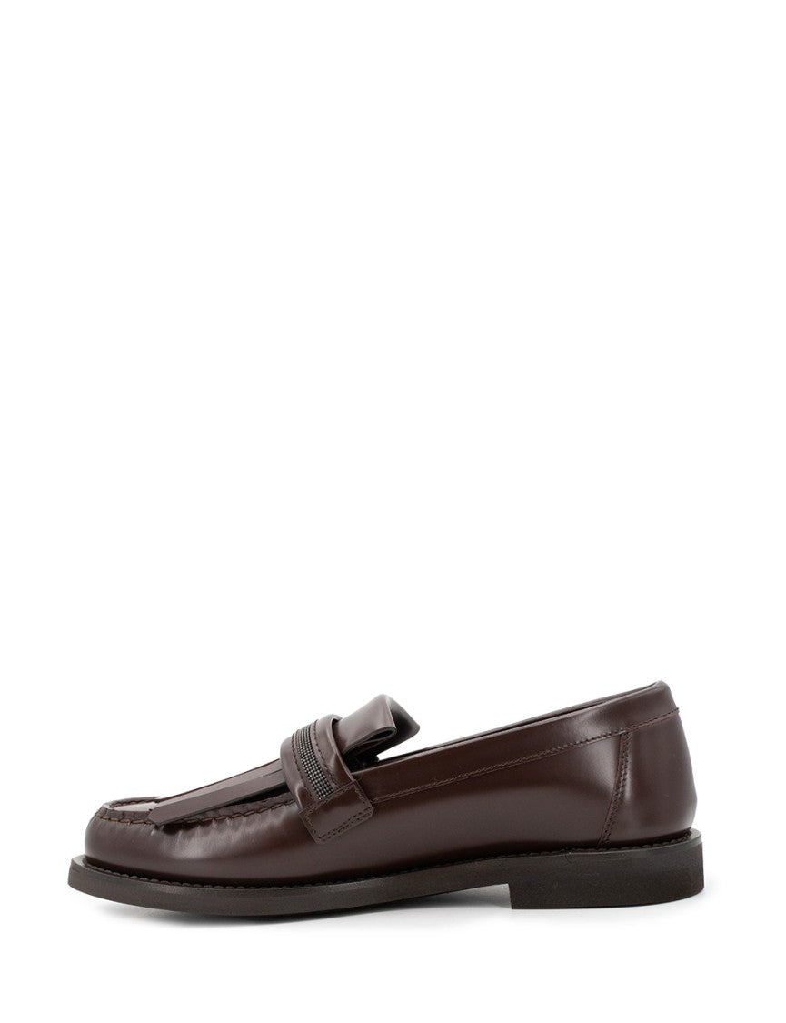 Brunello Cucinelli Burgundy Leather Moccasins With Decorative Fringe Detail