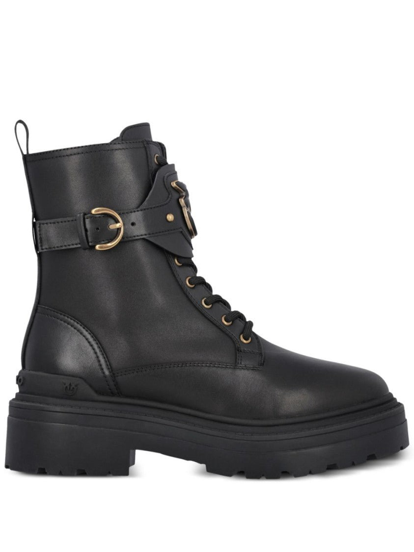 Pinko Chunky Platform Black Leather Boots With Decorative Buckle