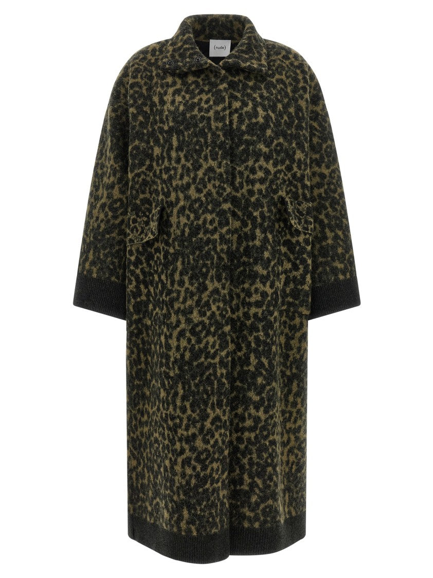 Nude Long Animal Print Wool Blend Coat