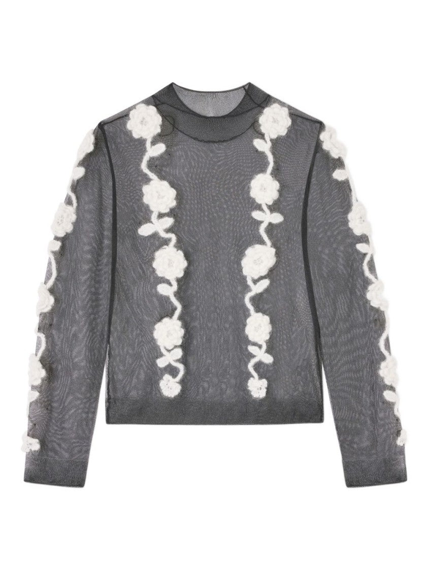Ganni Sheer Black Long-Sleeve Top With Floral Appliqués