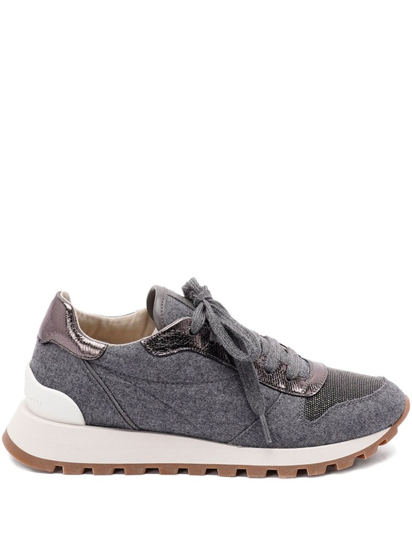 Brunello Cucinelli Gray Wool Sneaker With Monili Detail