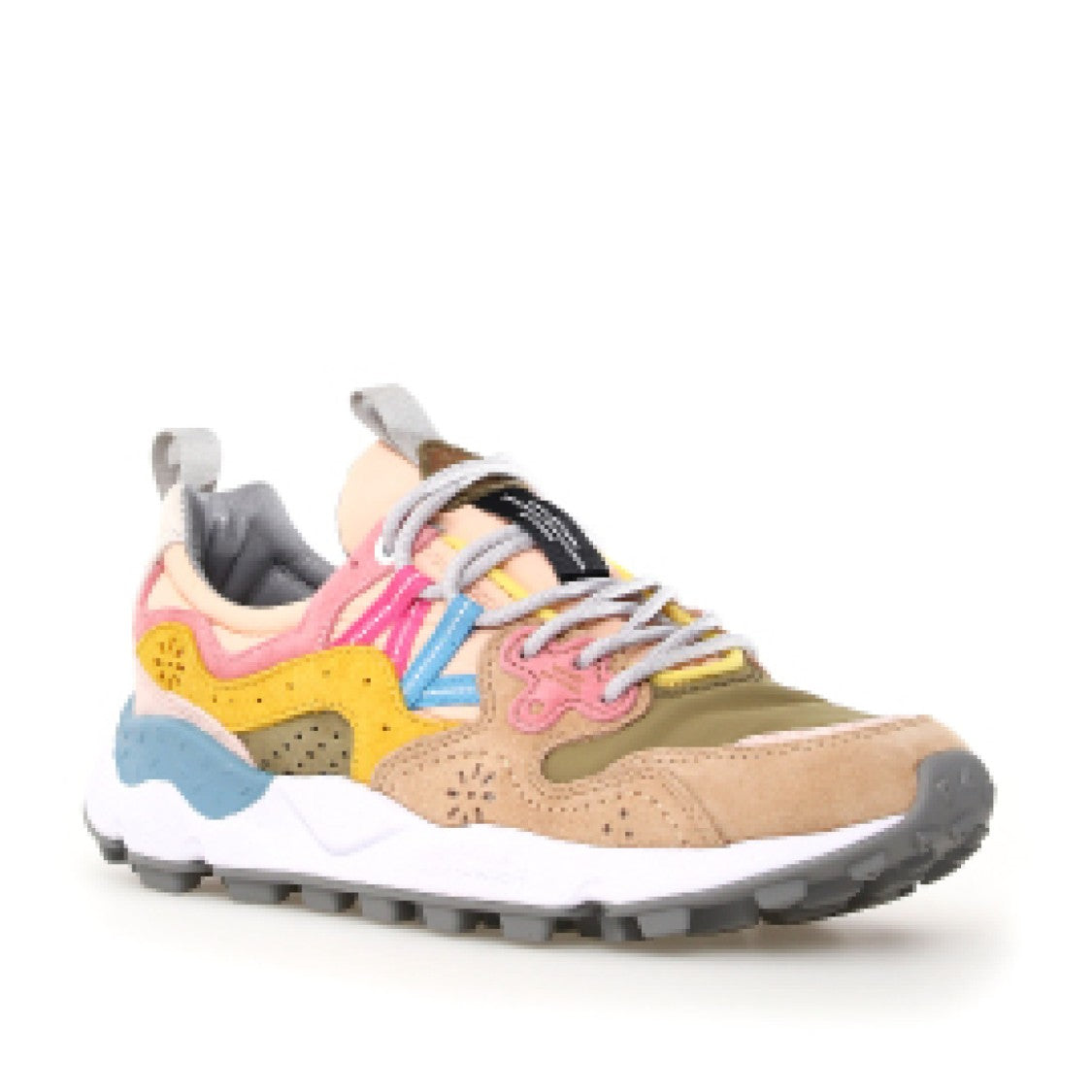 Flower Mountain Yamano In Beige Suede And Olive Green Fabric Sneakers
