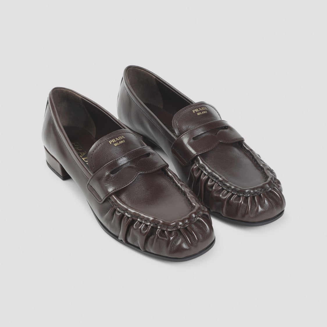 Prada Brown Buffalo Leather Loafers With Gathered Detail