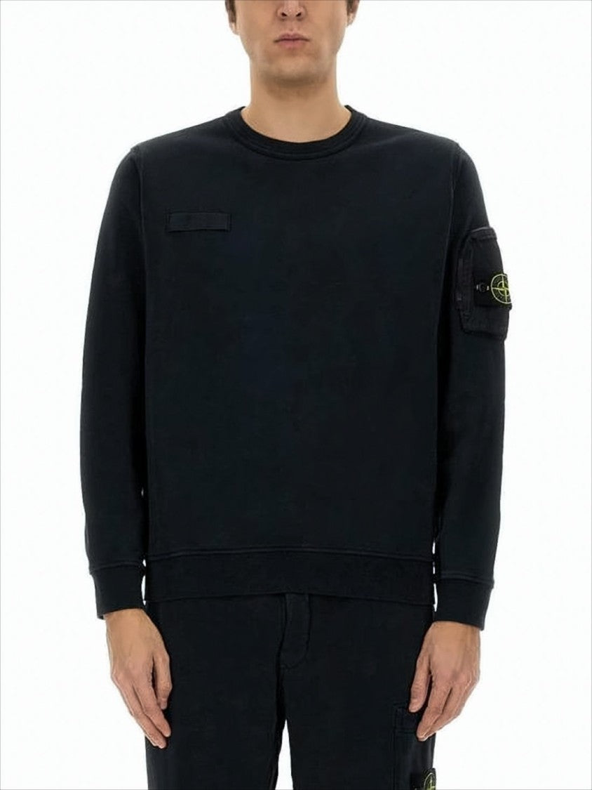 Stone Island Long-Sleeve Black Cotton T-Shirt With Logo-Badge Sleeve Pocket