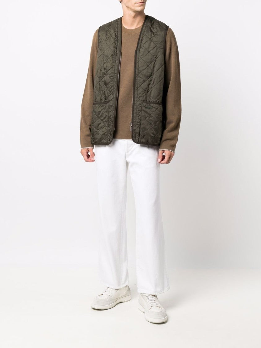 Barbour Olive Green Quilted Waistcoat With Embroidered Logo And Piped Trim