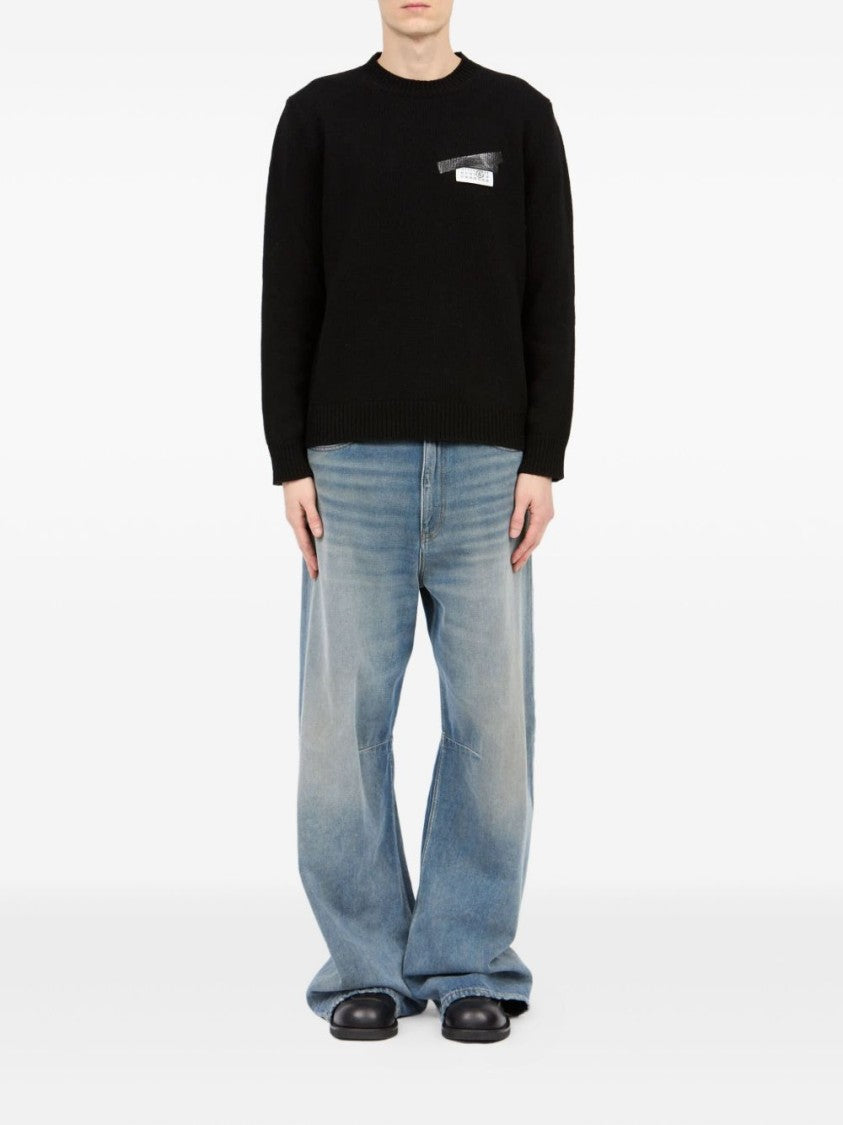 Mm6 By Maison Margiela Crew Neck Black Sweater With Ribbed Details