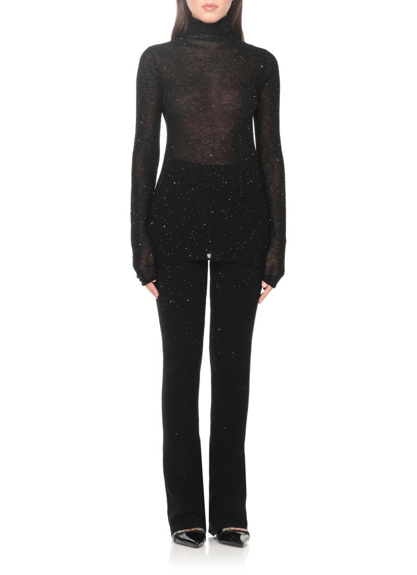 Pinko High Neck Black Wool Sweater With Micro Paillettes