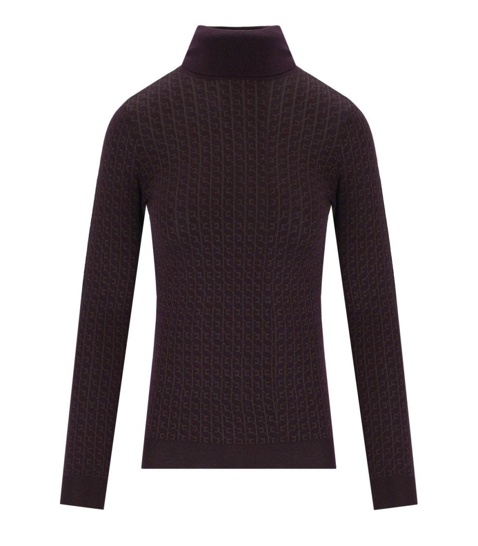 Elisabetta Franchi Monogram Jacquard Turtleneck Sweater In Merlot Shade