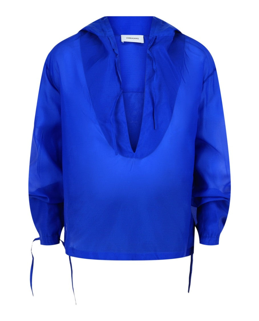 Ferragamo Silk-Blend Hooded Shirt With Front Tie And Tied Cuffs