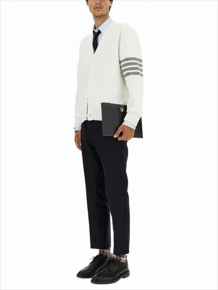 Thom Browne Minimalist White Cotton Cardigan With Ribbed Cuffs And Tricolor Detail