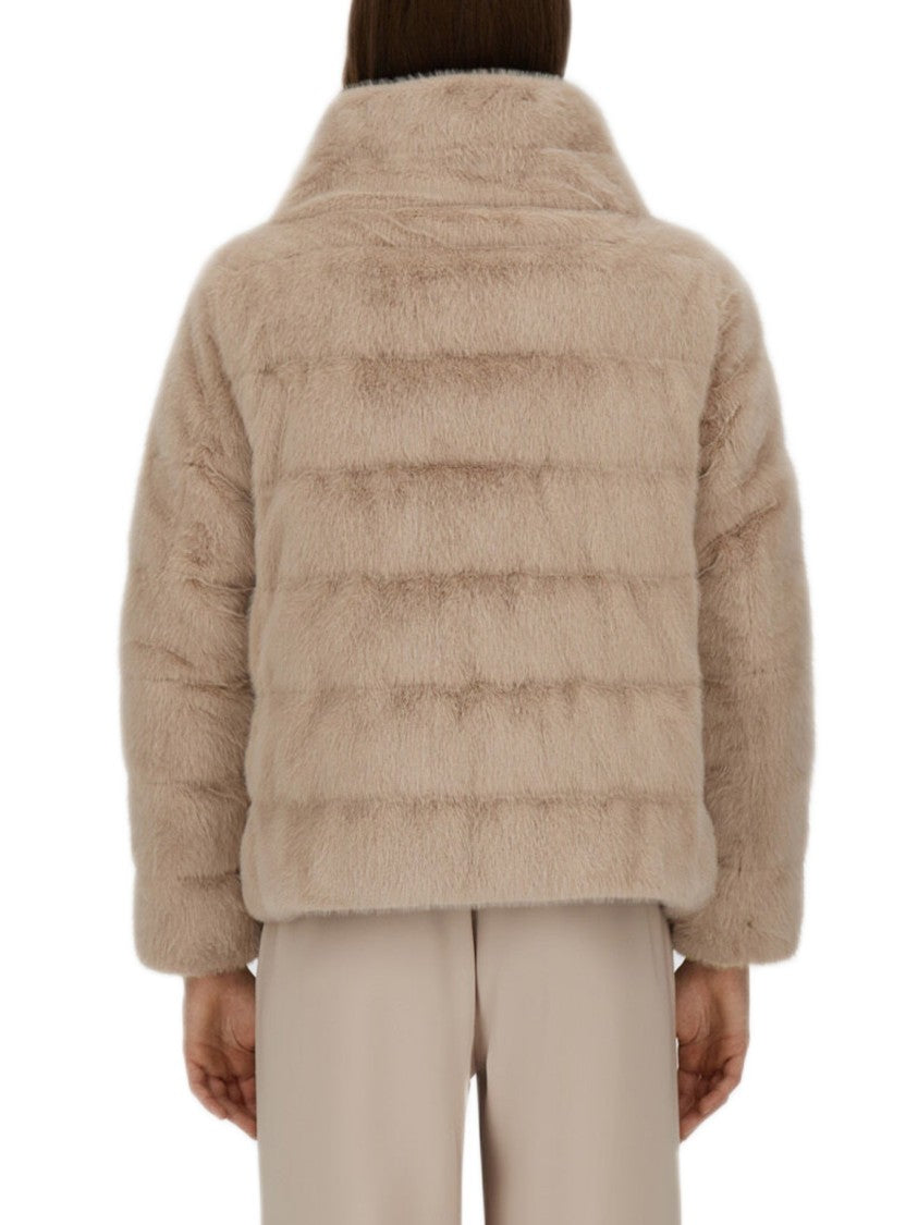 Herno Cropped Beige Coat With Horizontal Quilted Pattern And High Collar
