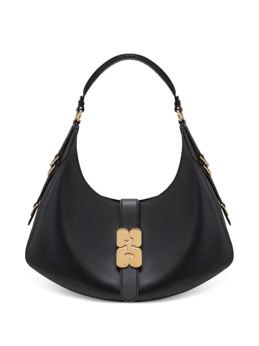 Ganni Crescent-Shaped Leather Shoulder Bag With Gold Accents