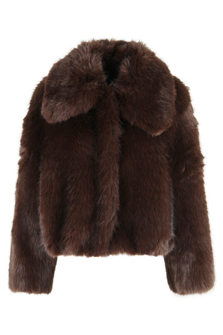 Alysi Chocolate Brown Eco Fur Cropped Bomber Jacket