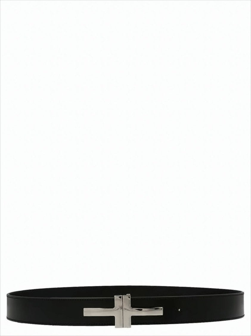 Tom Ford Black Calf Leather Belt With Distinctive Silver-Tone Buckle