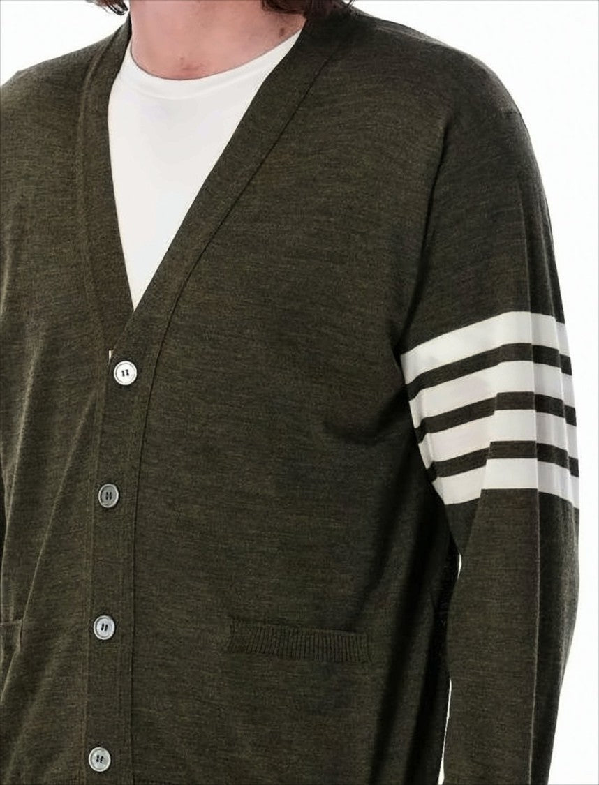 Thom Browne Slim Fit Olive Wool Cardigan With Signature Stripes