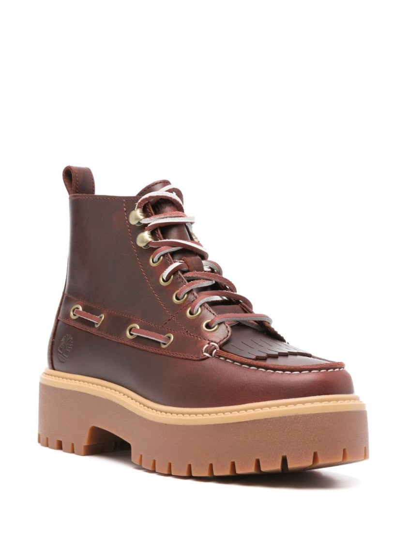 Timberland Bordeaux Leather Ankle Boots With Moccasin Stitching