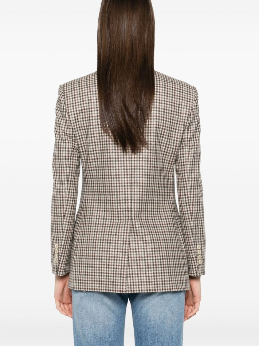 Brunello Cucinelli Beige Checkered Wool Blazer With Double-Breasted Front