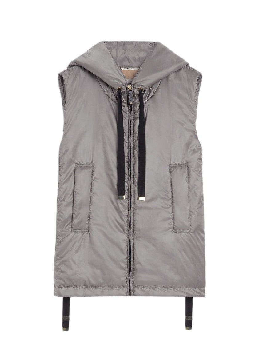 Max Mara Short Grey Vest With Hood And Drawstring Edge