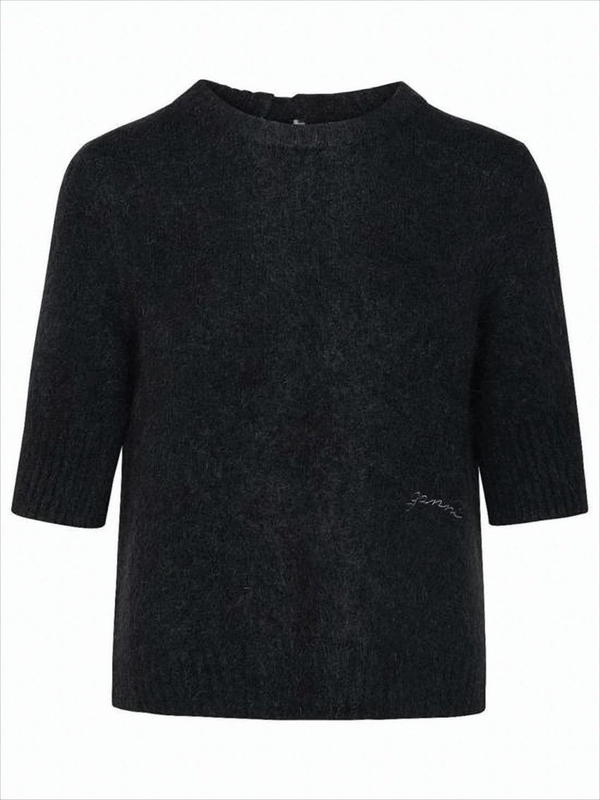 Ganni Cropped Knit Sweater With Unique Tie Closure And Open Back
