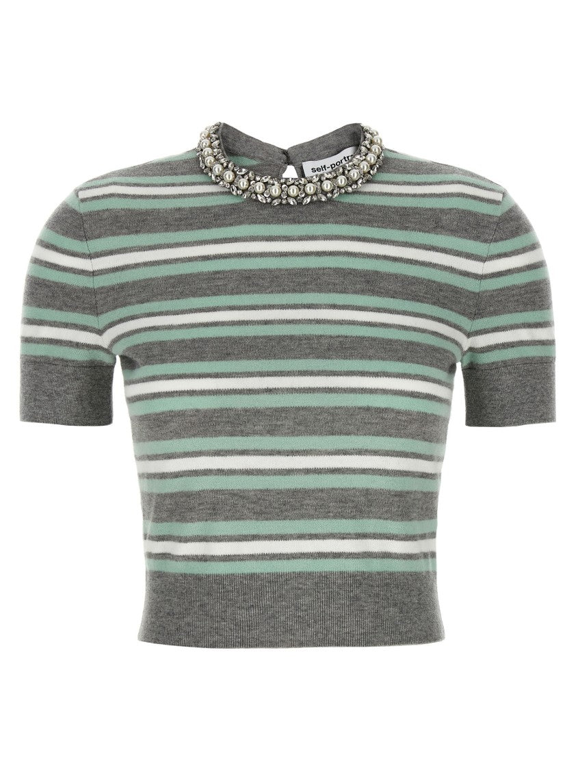 Self-Portrait Grey Striped Crystal Trim Knit' Sweater